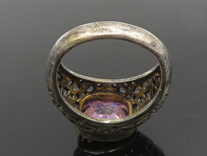 925 Sterling Silver  Vintage Pink Cubic Zirconia Scroll Ring Sz 10  RG24659