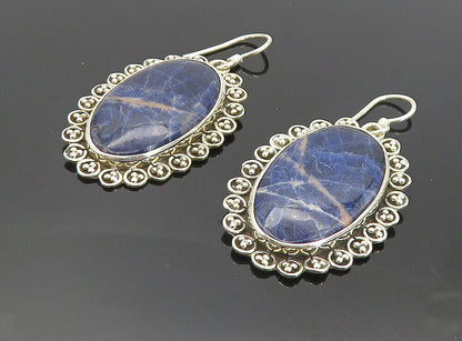 925 Sterling Silver - Vintage Sodalite Bordered Oval Dangle Earrings - EG3514