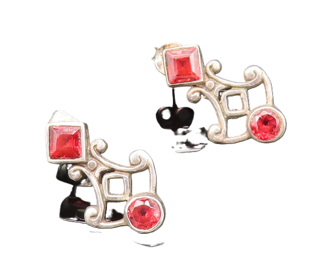 925 Sterling Silver  Vintage Round & Diamond Shaped Red Topaz Earrings EG12280