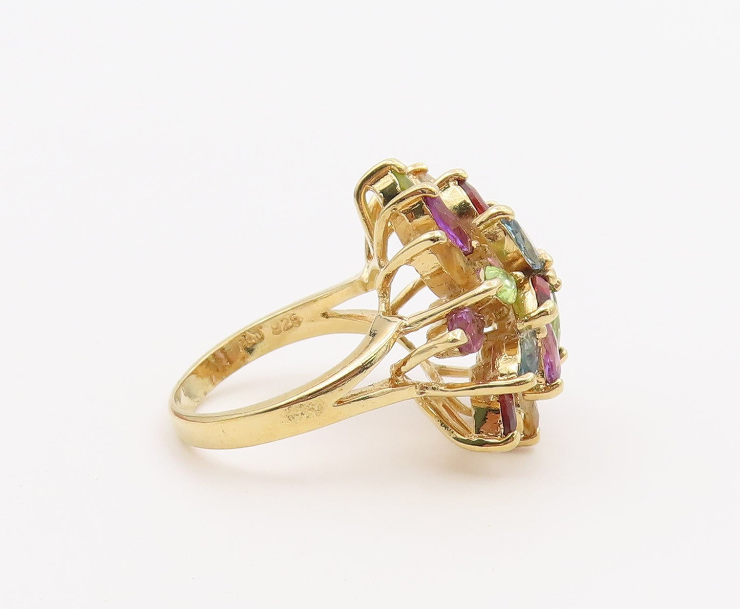 925 Sterling Silver Vintage Ring Gold Plated Multi Gemstone Flower Sz 7 RG36528