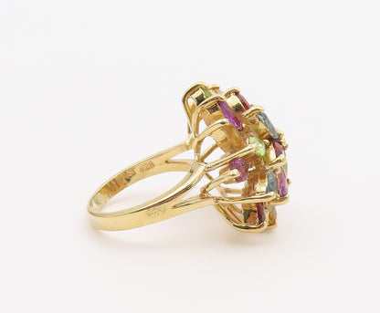 925 Sterling Silver Vintage Ring Gold Plated Multi Gemstone Flower Sz 7 RG36528