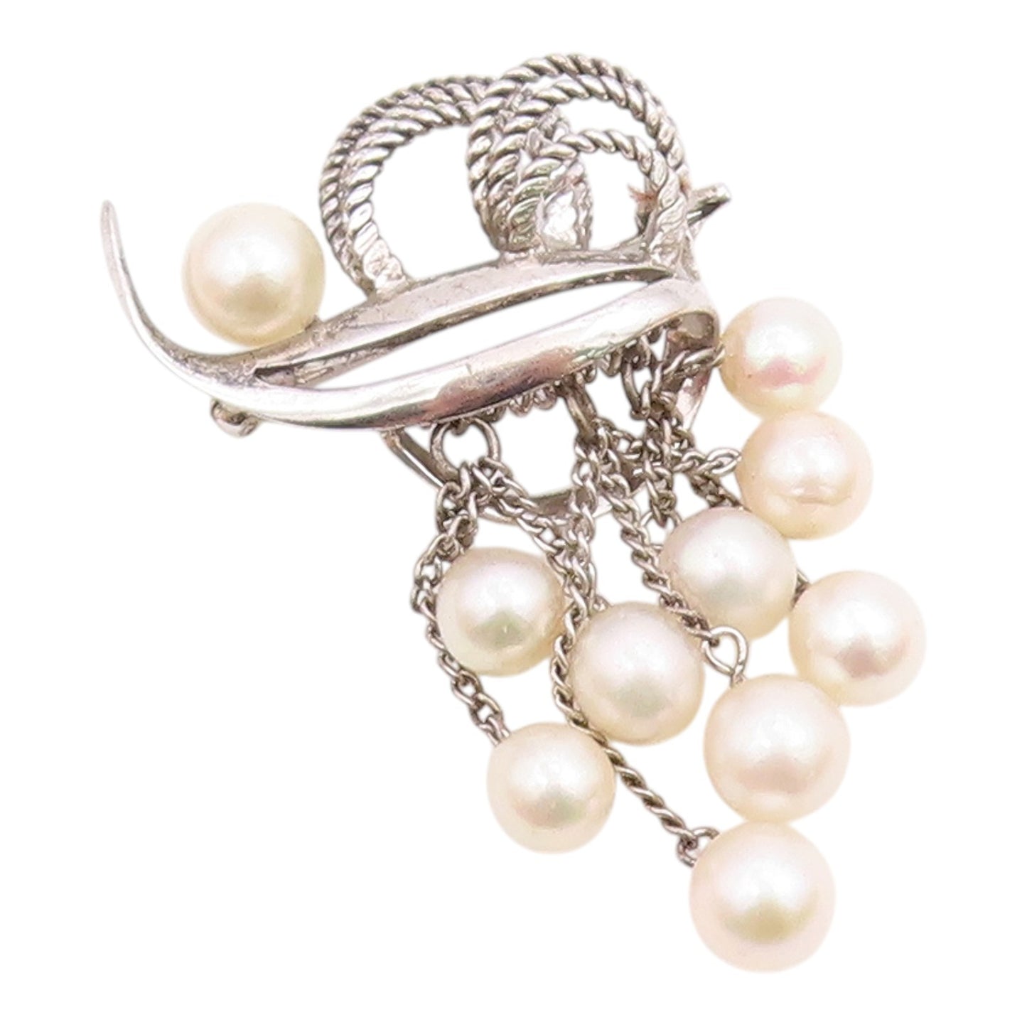 925 Silver  Vintage Curved Abstract Freshwater Pearl Dangle Brooch Pin  BP9975