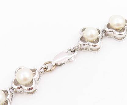 925 Sterling Silver Vintage Necklace White Pearl Elegant Floral Chain  NE4811