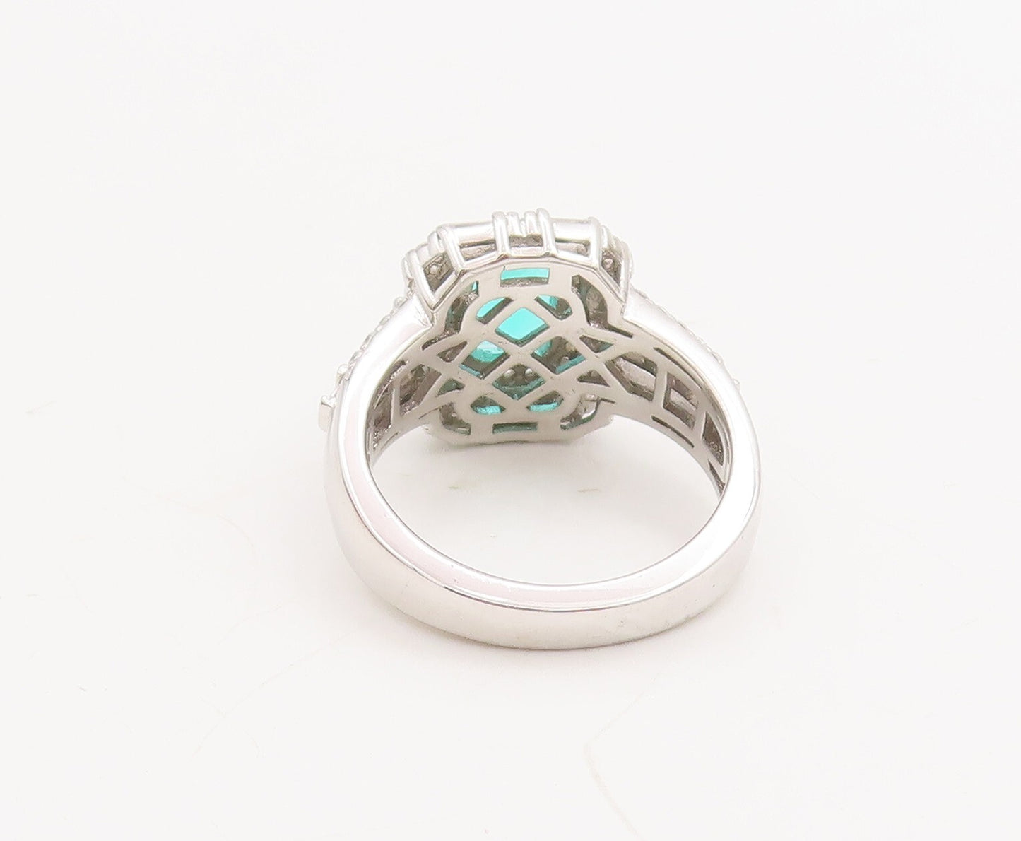 925 Sterling Silver Vintage Ring Rectangle Cut Aquamarine & CZ   Sz 7  RG29019