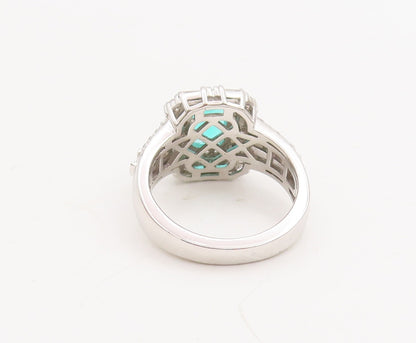 925 Sterling Silver Vintage Ring Rectangle Cut Aquamarine & CZ   Sz 7  RG29019
