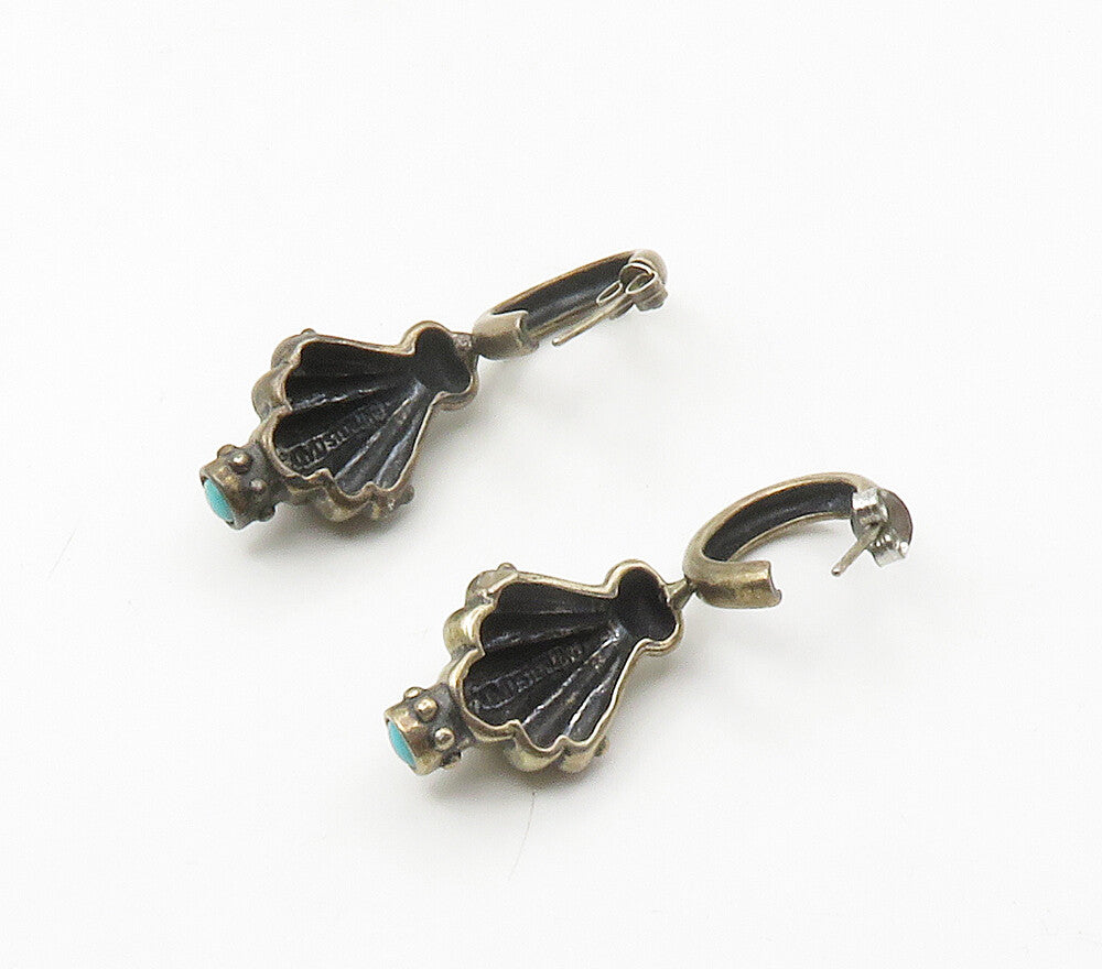 DESIGNER 925 Sterling Silver Vintage Turquoise Scalloped Dangle Earrings EG8692