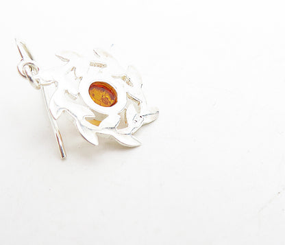 925 Sterling Silver  Cabochon Cut Amber Floral Wreath Dangle Earrings  EG3794