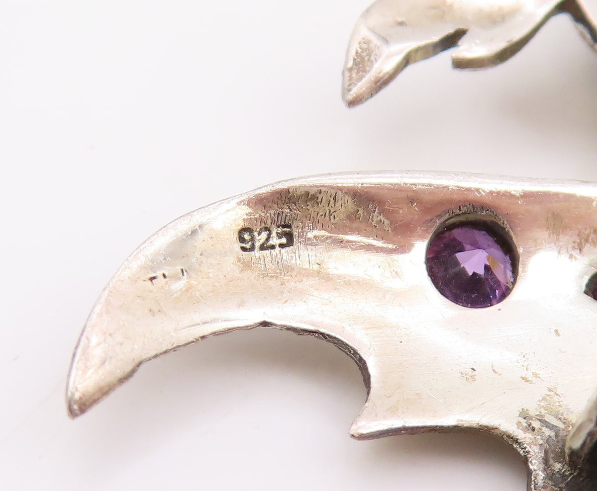 925 Sterling Silver Vintage Brooch Heart Shape Onyx & Amethyst Koi Fish  BP12302