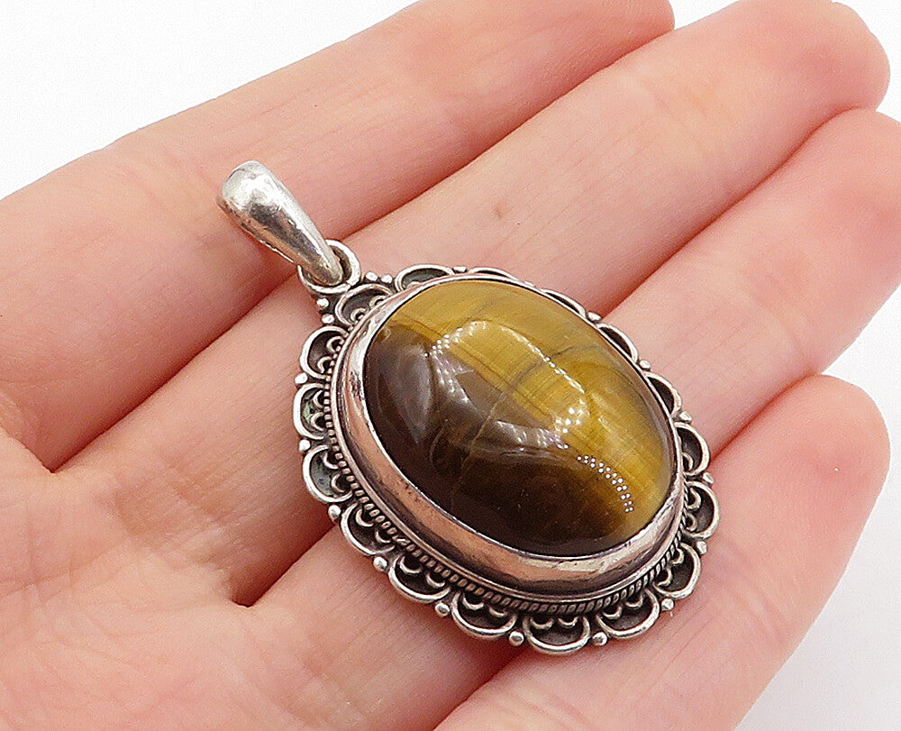 925 Sterling Silver  Vintage Cabochon Cut Tiger's Eye Wavy Pendant  PT3974