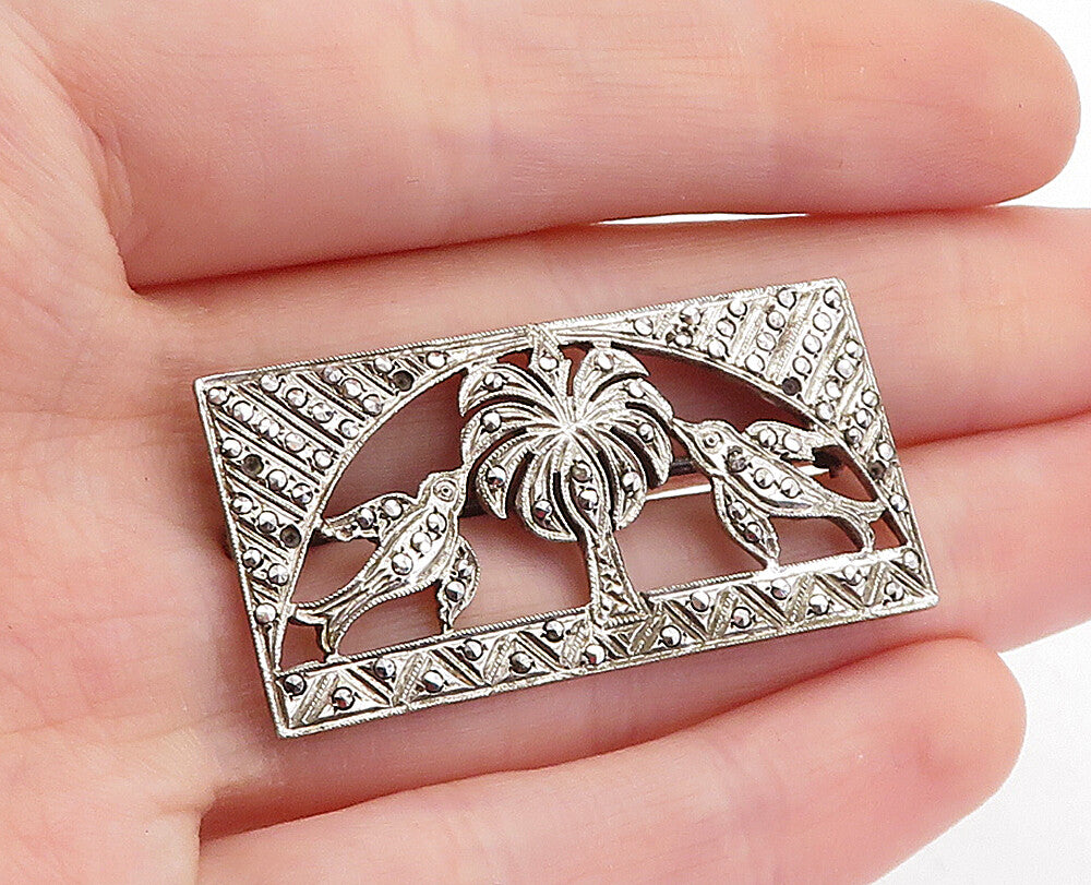 925 Sterling Silver  Vintage Sparkling Palm Tree & Birds Brooch Pin  BP1920