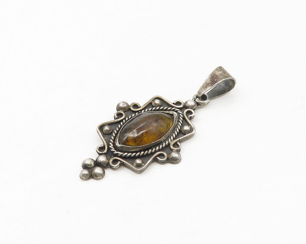 MEXICO 925 Sterling Silver  Vintage Amber Swirl Twist Oxidized Pendant PT14169
