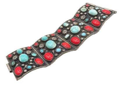 925 Sterling Silver Vintage Real Gemstones Large Panel Chain Bracelet  BT6661