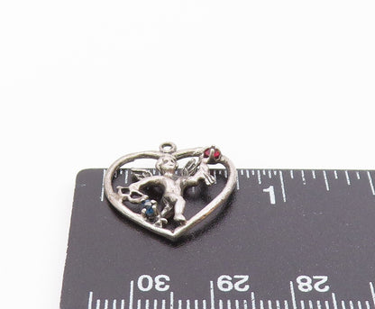 925 Sterling Silver  Vintage Pink & Blue Topaz Angel Heart Pendant  PT15704