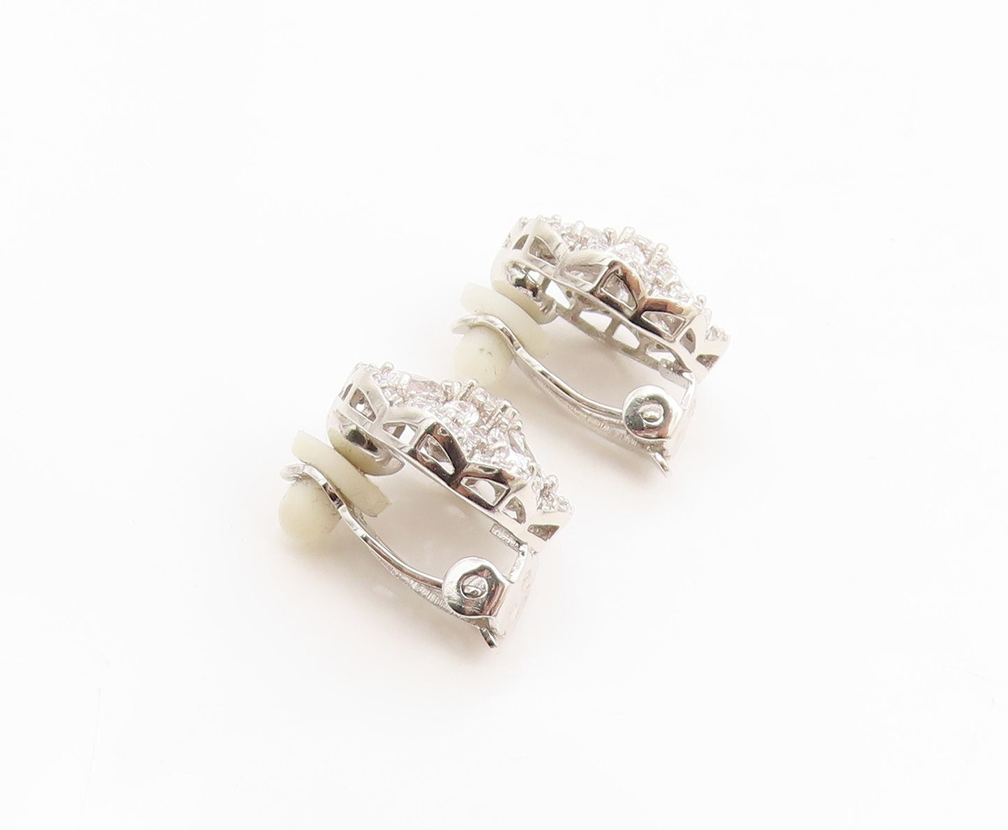 925 Sterling Silver Vintage Earrings Elegant CZ Floral Petal Clip On  EG14338