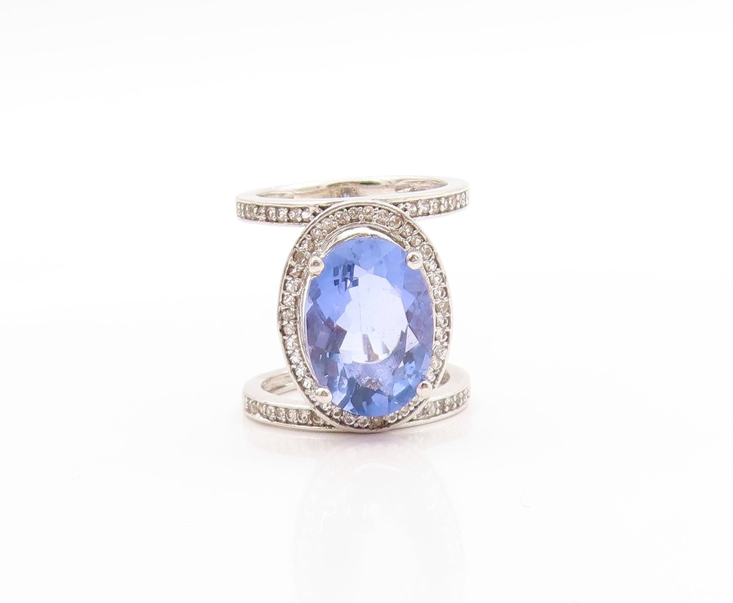925 Sterling Silver Vintage Ring Oval Tanzanite & Sparkling CZ Band Sz 5 RG33685