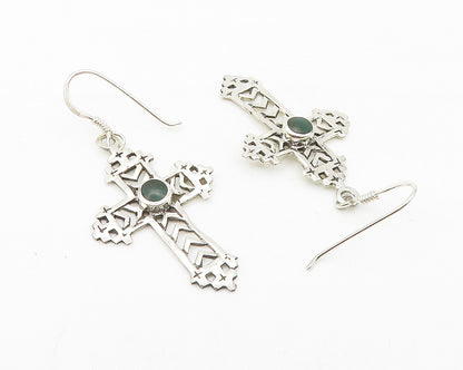 925 Sterling Silver  Shiny Inlaid Jasper Religious Cross Drop Earrings  EG5725