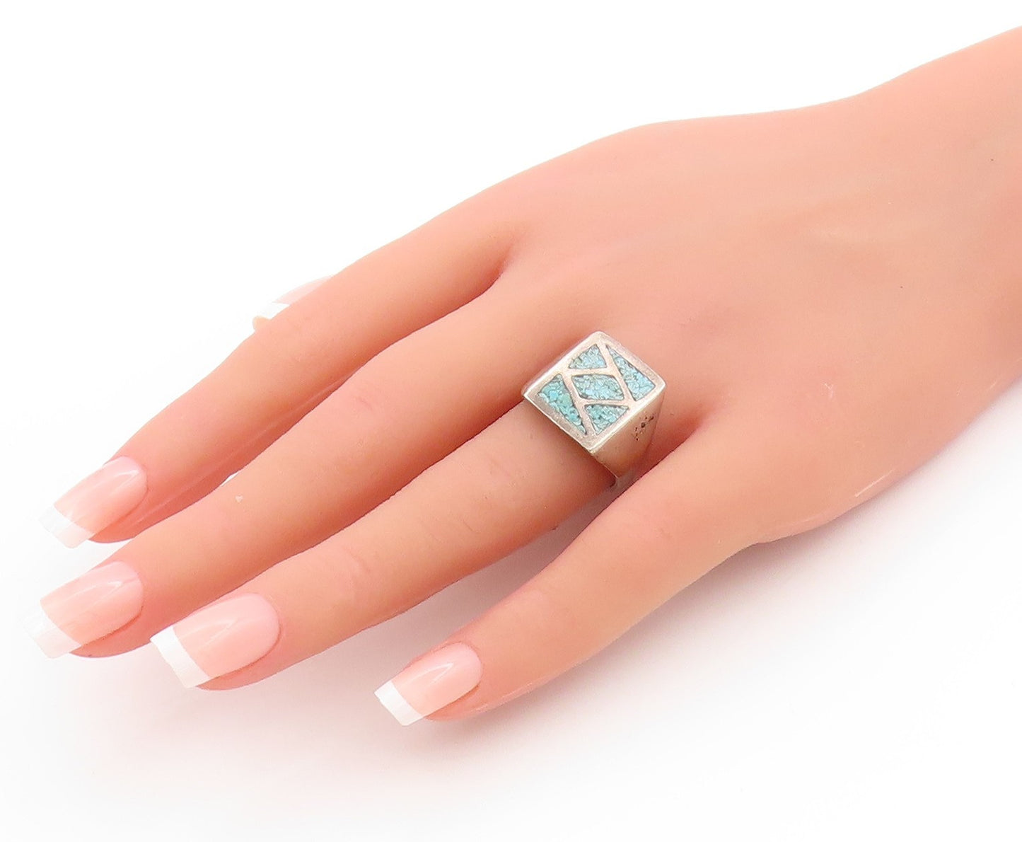 925 Sterling Silver Vintage Ring NAVAJO ZUNI Crushed Turquoise  Sz 7.5  RG33719
