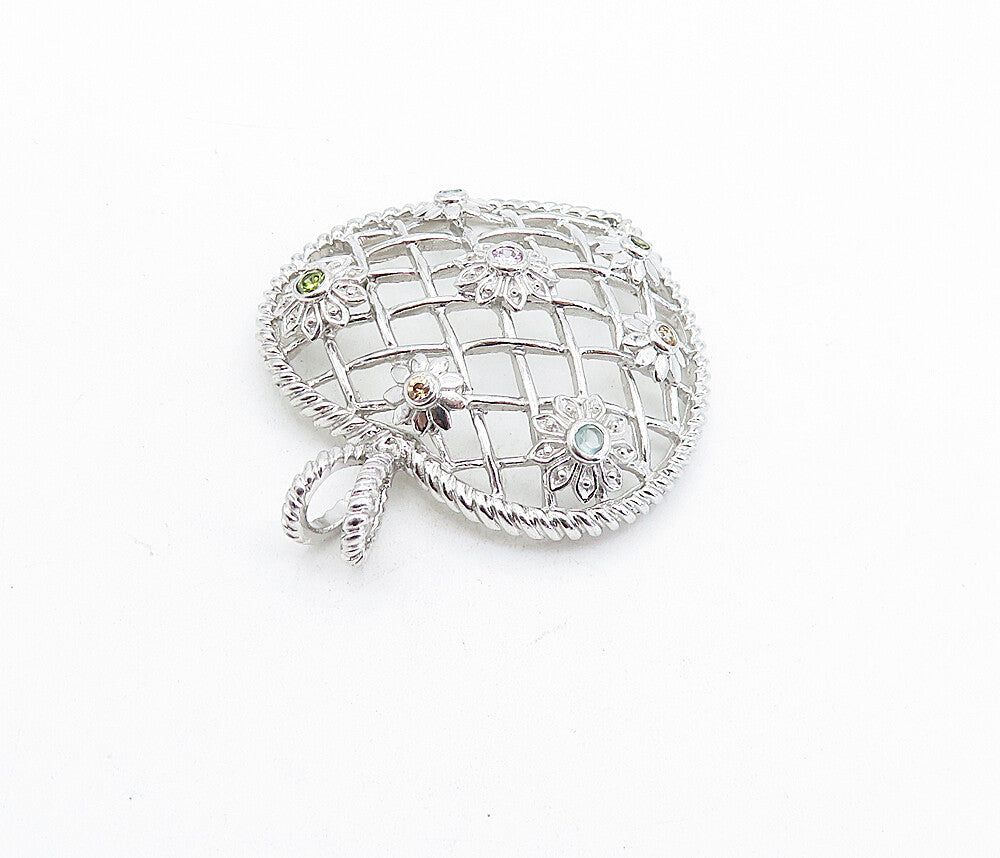 925 Sterling Silver Multi Color Topaz Weaved Floral Heart Pendant PT4637