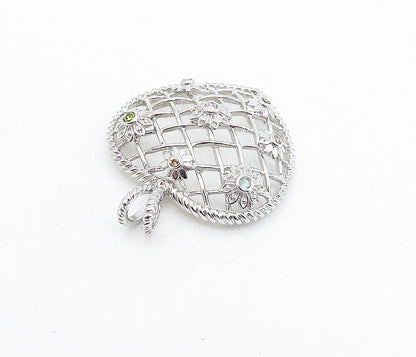 925 Sterling Silver Multi Color Topaz Weaved Floral Heart Pendant PT4637