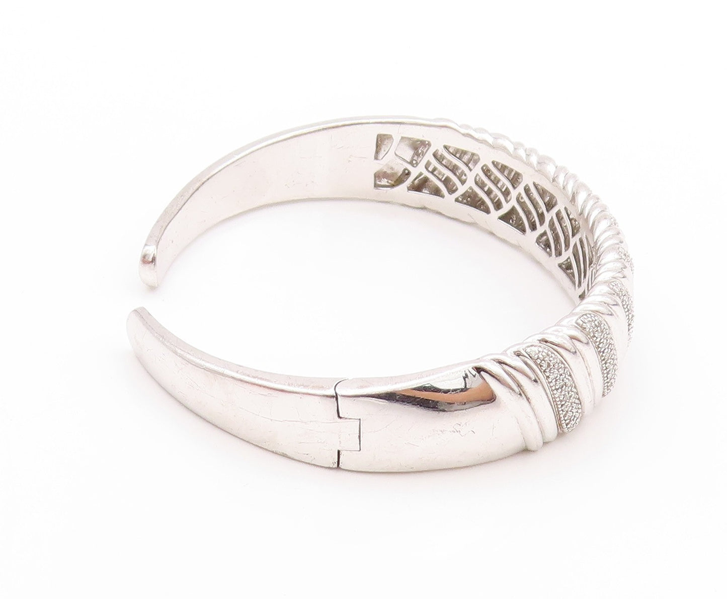 925 Sterling Silver Vintage Bracelet Swirls Etched Diamonds Inlay Cuff  BT11197