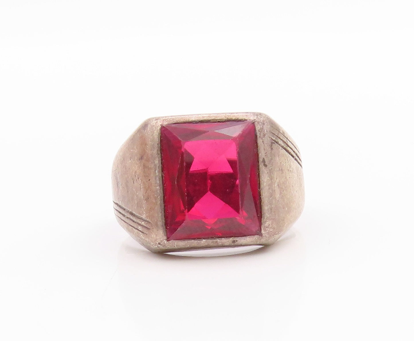 925 Sterling Silver Vintage Ring Antique Rectangle Pink CZ Inlay  Sz 9  RG33332
