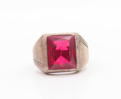 925 Sterling Silver Vintage Ring Antique Rectangle Pink CZ Inlay  Sz 9  RG33332