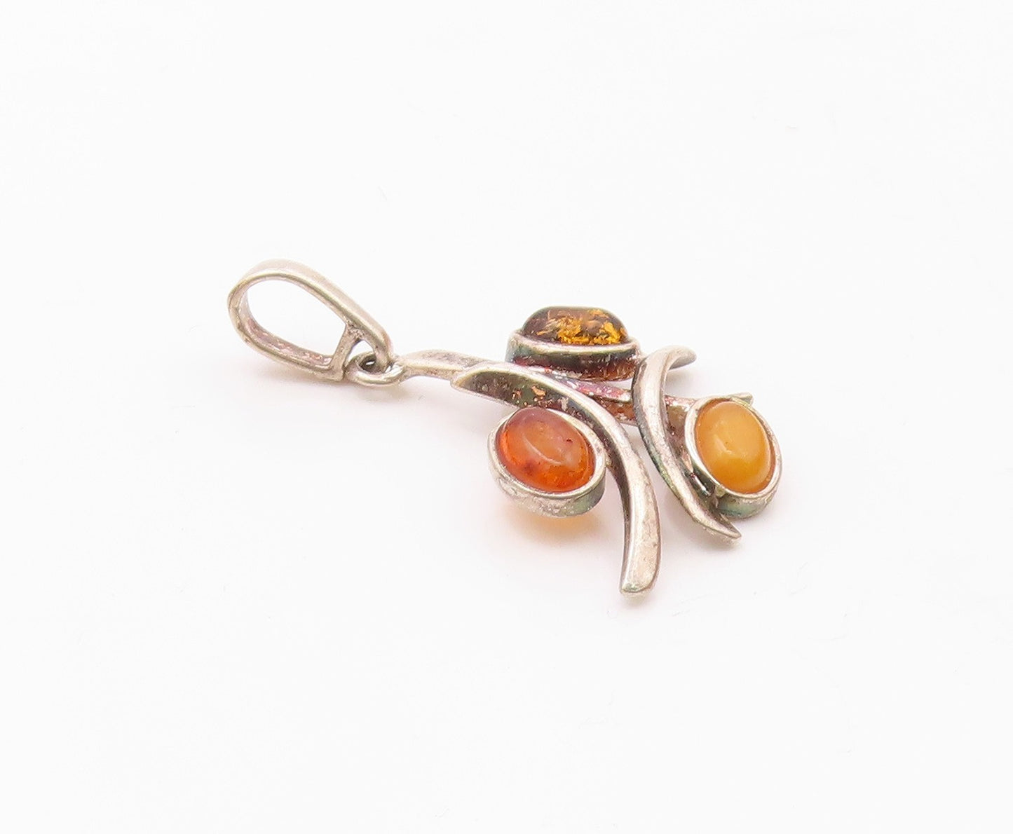 925 Sterling Silver  Vintage Cabochon Cut Amber 3 Stone Pendant  PT15701