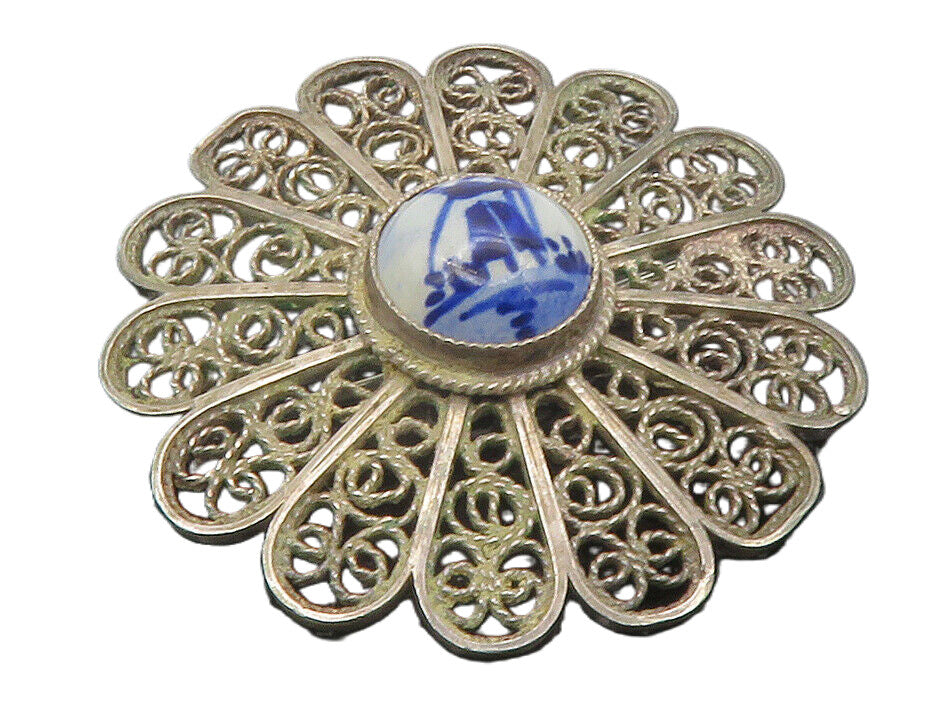 925 Silver  Vintage Antique Enamel Windmill Filigree Floral Brooch Pin  BP4375