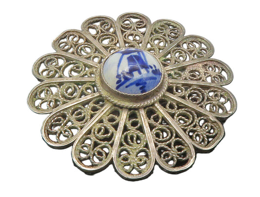 925 Silver  Vintage Antique Enamel Windmill Filigree Floral Brooch Pin  BP4375