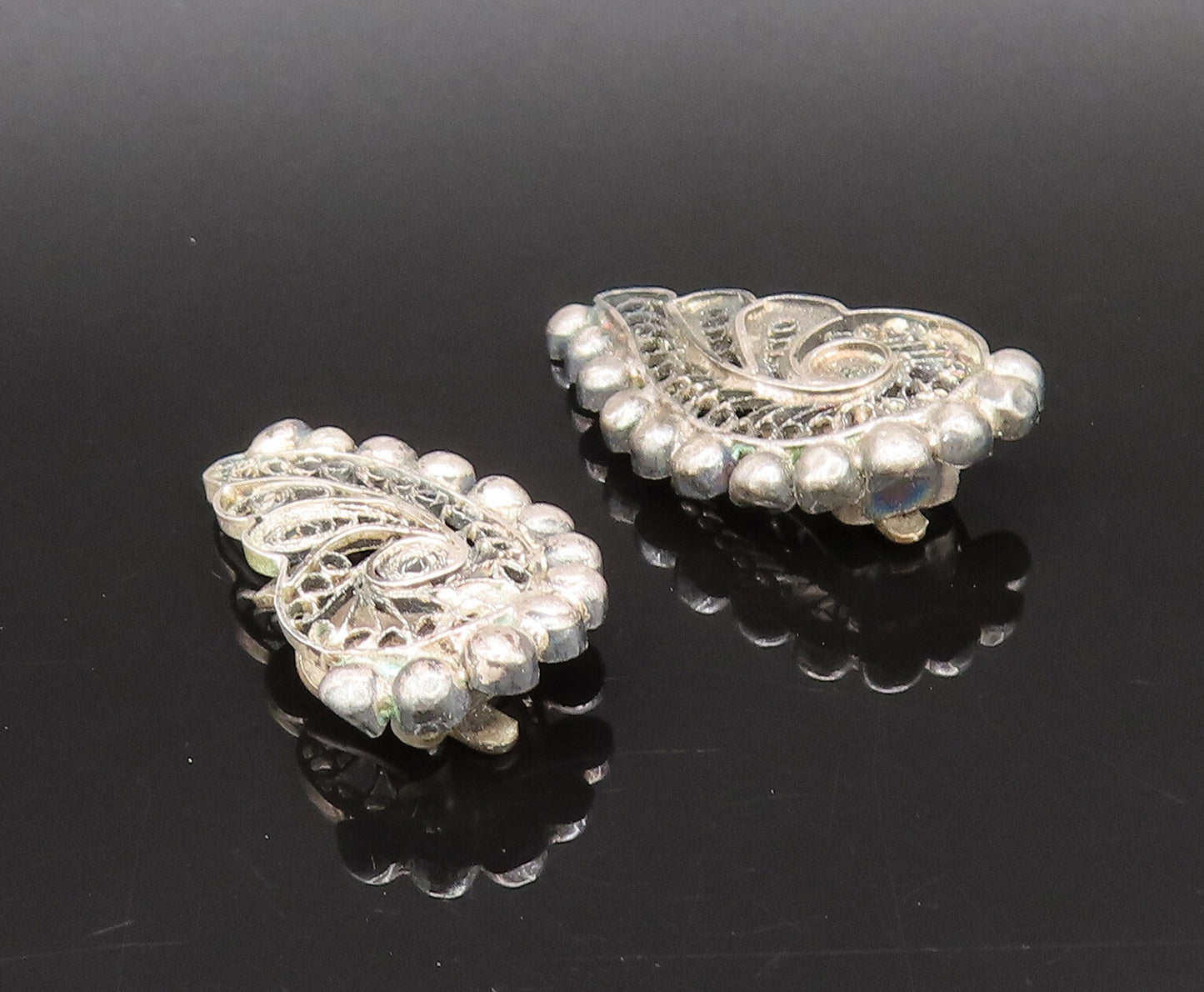 925 Silver  Vintage Antique Beaded & Filigree Swirl Clip Back Earrings EG12264