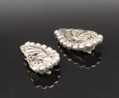 925 Silver  Vintage Antique Beaded & Filigree Swirl Clip Back Earrings EG12264