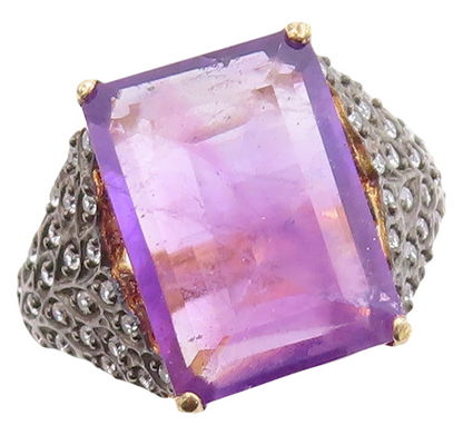 925 Sterling Silver Vintage Ring Gold Plated Amethyst & CZ Inlay  Sz 7  RG31213