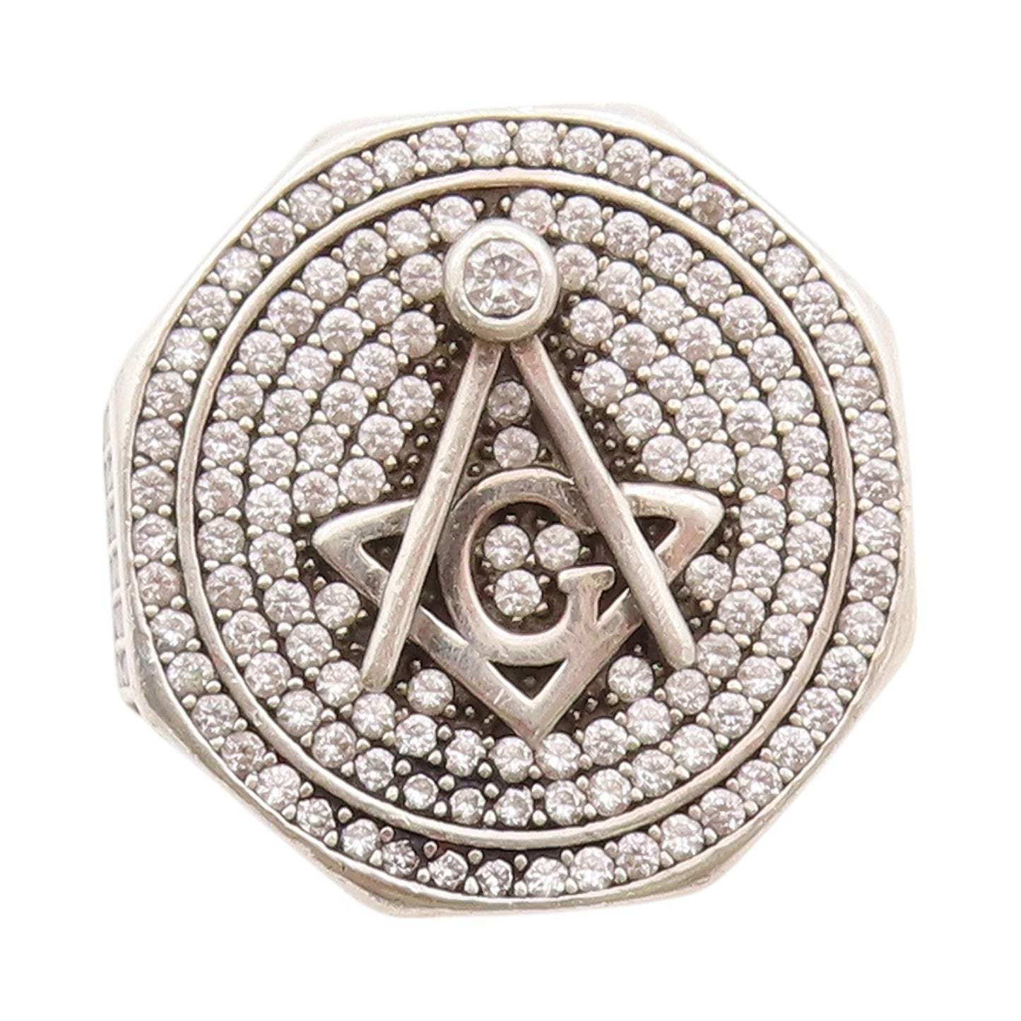 925 Sterling Silver Vintage Ring CZ Inlay Freemason Symbol  Sz 11  RG32648