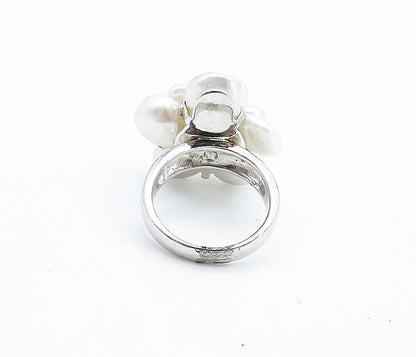 925 Sterling Silver  Pearls & Black Sapphire Flower Cocktail Ring Sz 6  RG4737