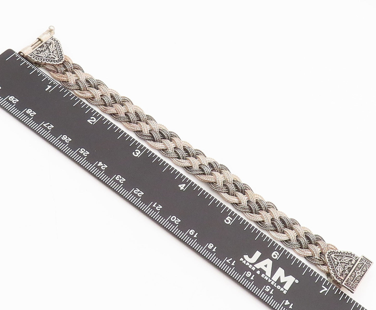 925 Sterling Silver Vintage Two Tone Beaded Wire Carved Buckle Bracelet BT9975