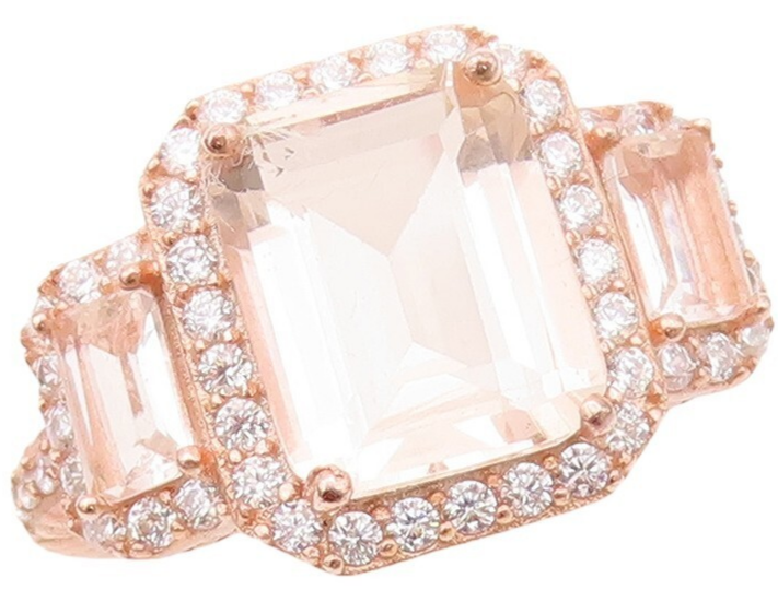 925 Sterling Silver Vintage Ring Rose Gold Plated Morganite & Topaz Sz 7 RG30382