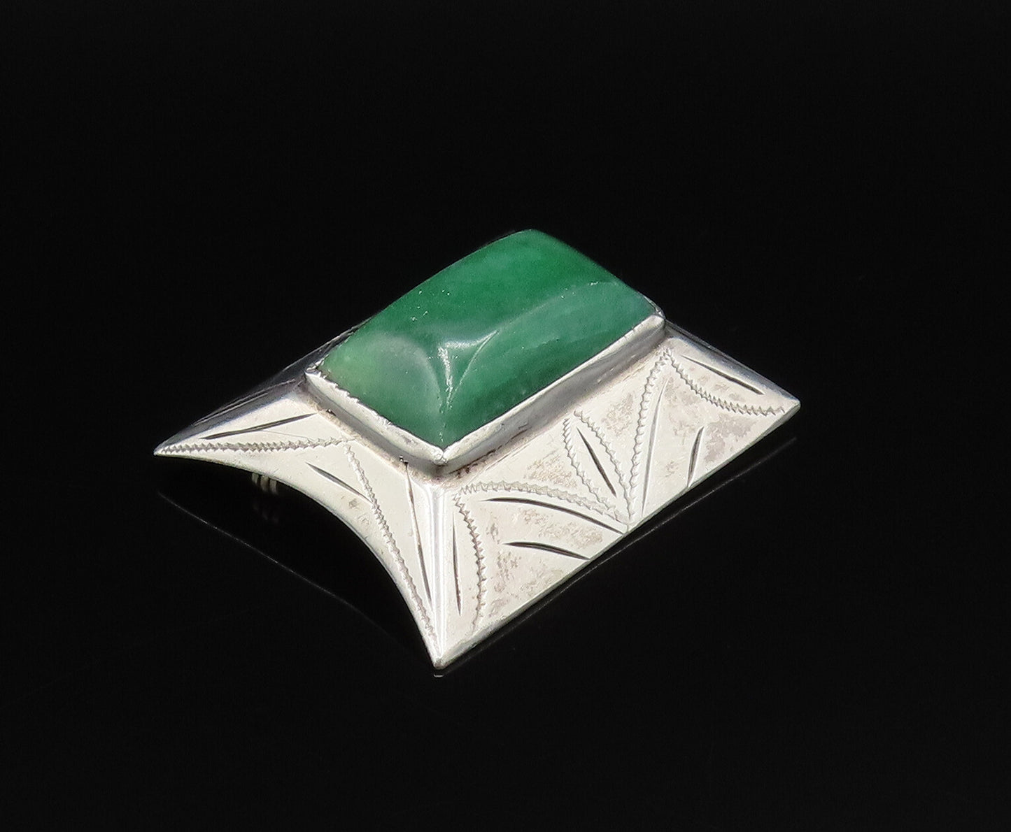 925 Silver  Vintage Rectangle Aventurine Etched Pyramid Dome Brooch Pin BP9771