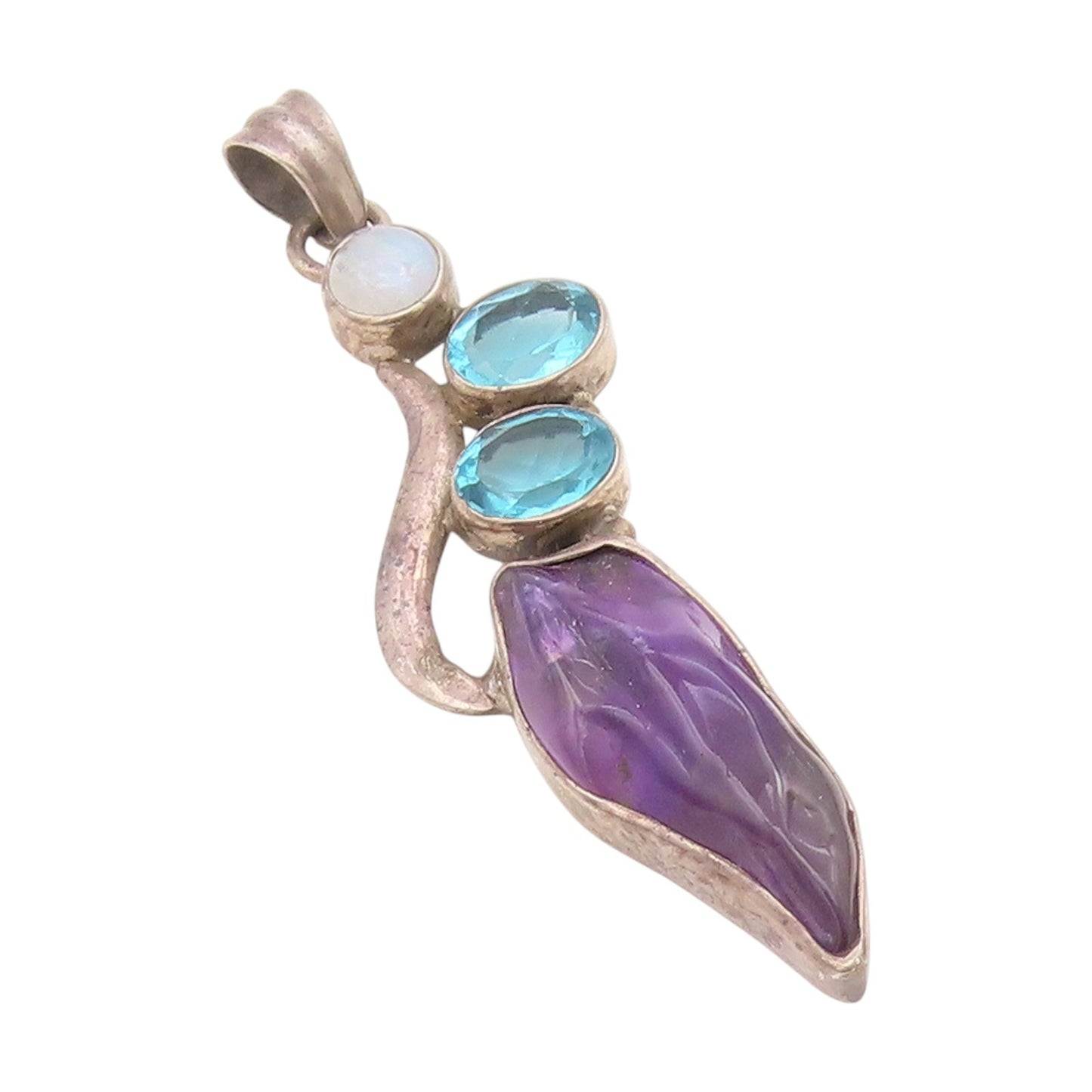 925 Sterling Silver Vintage Pendant Blue Topaz & Amethyst Leaf Drop  PT25572