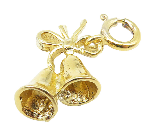 925 Sterling Silver  Vintage Shiny Gold Plated Ribbon Bells Pendant  PT8599