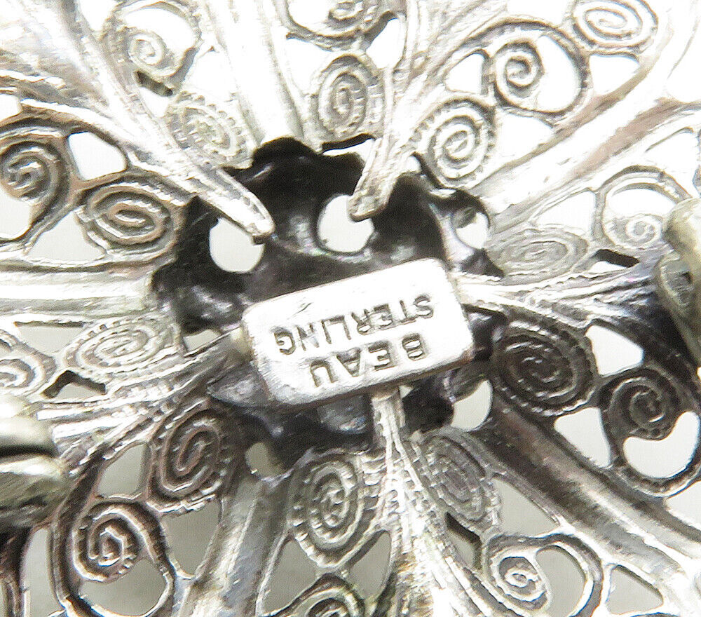BEAU 925 Sterling Silver  Vintage Swirl Detailed Flower Brooch Pin  BP6458