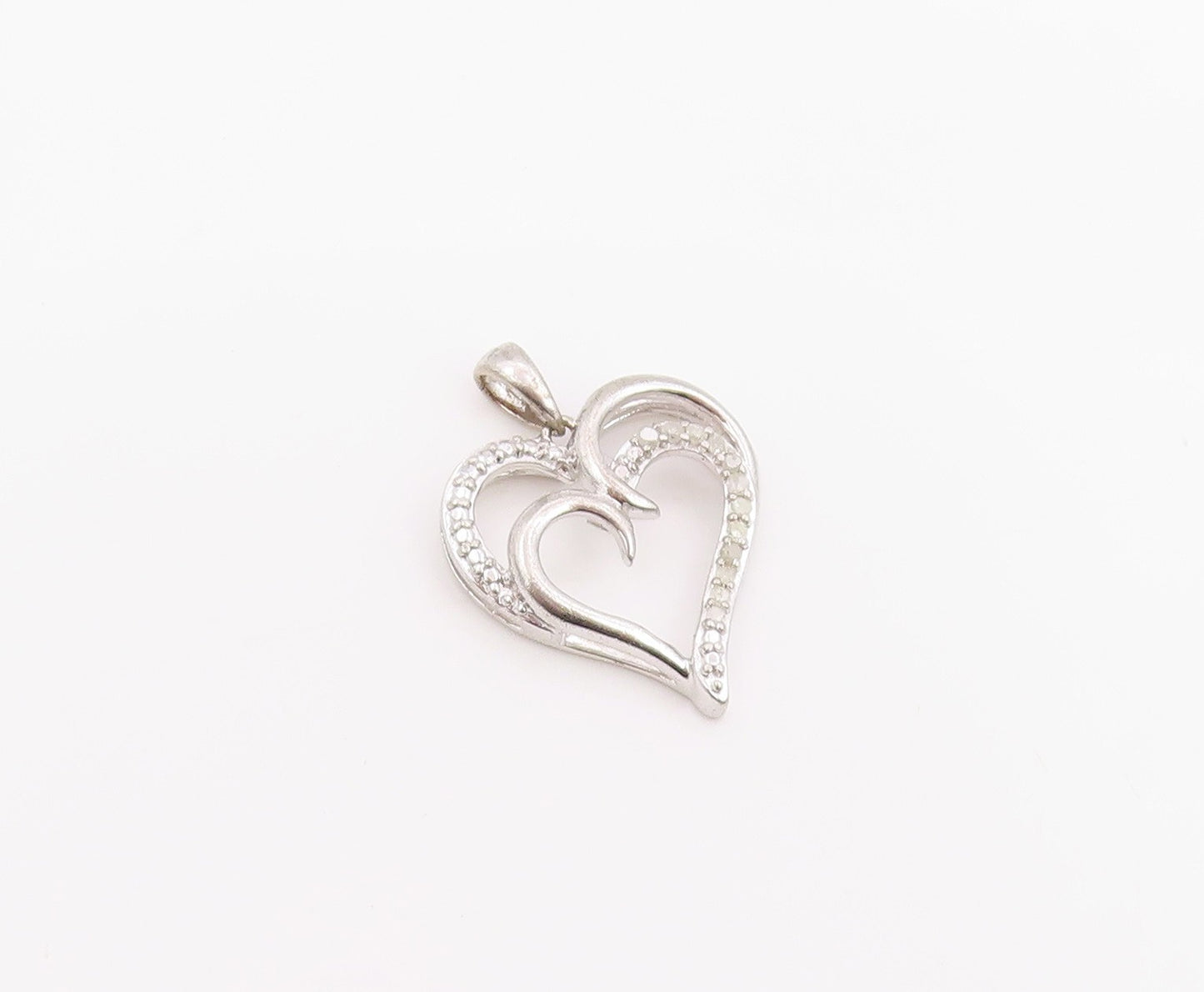 925 Sterling Silver Vintage Pendant Genuine Diamonds Double Love Heart  PT25975