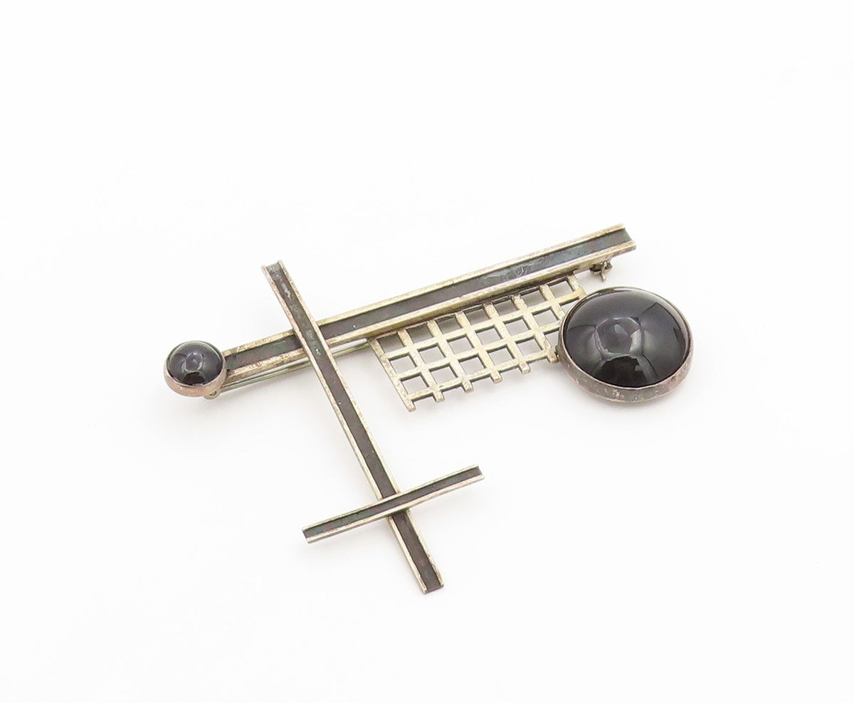 925 Sterling Silver Vintage Brooch Pin Classic Onyx Geometric Sculpture  BP12598