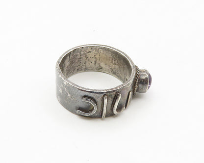 925 Sterling Silver  Vintage Cabochon Amethyst Oxidized Band Ring Sz 5 RG17994