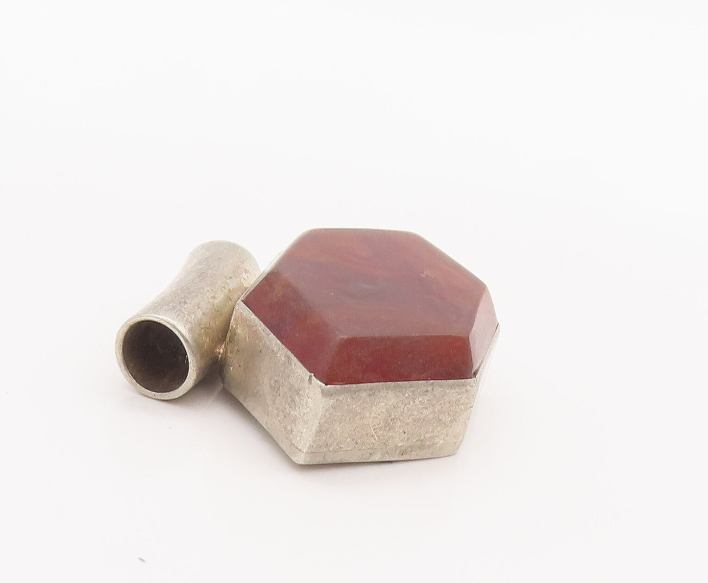 925 Sterling Silver Vintage Pendant MEXICO Solid Hexagonal Brown Marble  PT22751