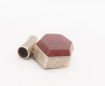 925 Sterling Silver Vintage Pendant MEXICO Solid Hexagonal Brown Marble  PT22751