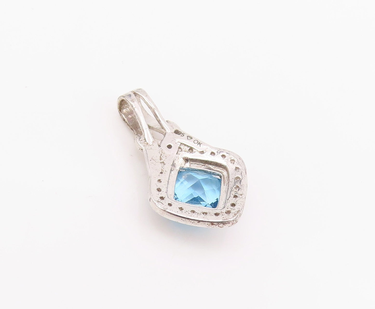 925 Sterling Silver Vintage Pendant Square Cut Blue Halo White Topaz   PT24265