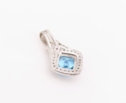 925 Sterling Silver Vintage Pendant Square Cut Blue Halo White Topaz   PT24265