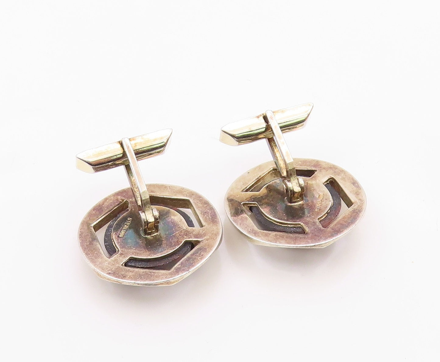 925 Sterling Silver  Vintage Brown Agate Shiny Hexagon Cuff Links  TR1827