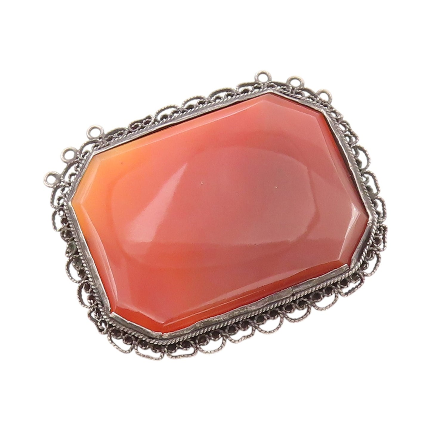 925 Sterling Silver Vintage Brooch Large Carnelian Halo Filigree Work  BP11513