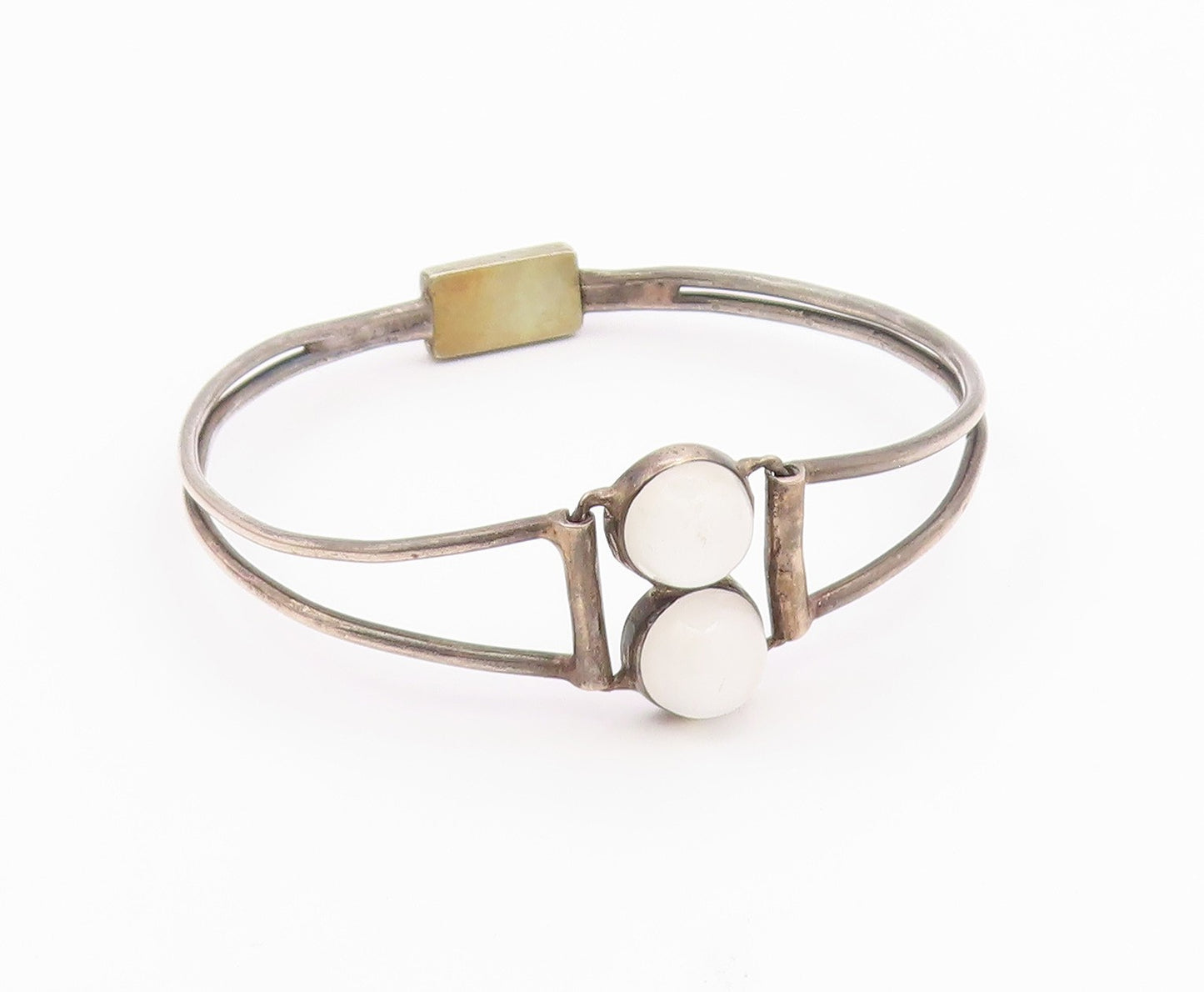 925 Silver  Vintage Double Cabochon Cat's Eye Split Bangle Bracelet  BT9608